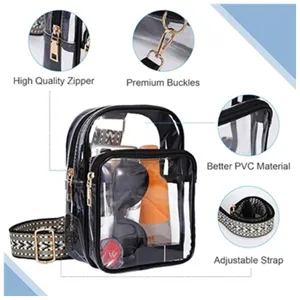 Clear PVC crossbody bag detail showing quality zipper, adjustable strap and buckles.