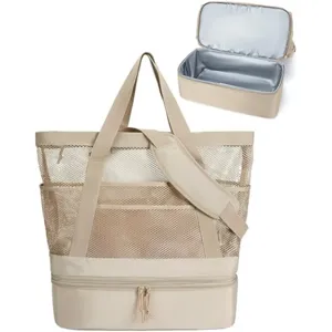Large Capacity Mesh Beach Tote Bag With Zipper Pockets Insulated Cooler Bag Foldable Pool Swim Bag For Women