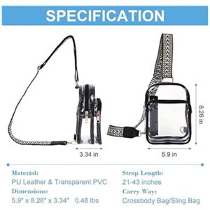 Clear transparent sling bag crossbody bag product detail showing dimensions and material specs.
