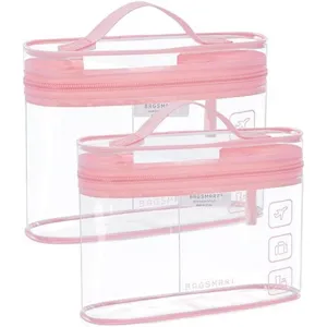 2-Piece Clear Travel Toiletry Bags Transparent Cosmetic Makeup Pouch with Handle Pink