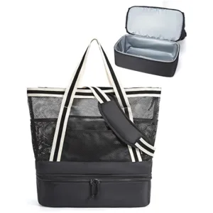 Mesh beach bag with cooler compartment, large tote bag with zipper pockets for swimming and travel