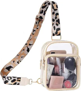 Clear crossbody bag with leopard strap transparent pvc sling bag for women sports running