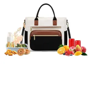 Color-blocked insulated lunch bag, wide-opening tote and crossbody cooler bag for work.