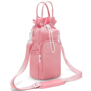 Detail view of pink insulated water bottle bag, multi-pocket crossbody cup holder for outdoor