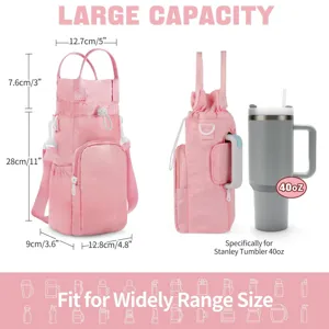 Detailed view of the pink portable water bottle pouch, showing multi-pocket design and sizes.