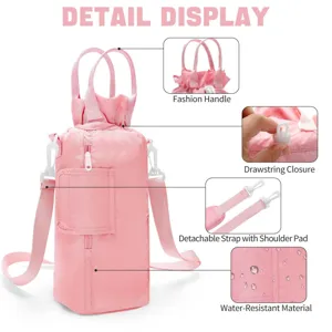 Pink portable water bottle bag with strap, drawstring closure and waterproof material.