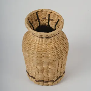 Handgeflochtene Strohvase Tischdeko Retro Trockenblumen Korb kleine Oeffnung Natur Deko