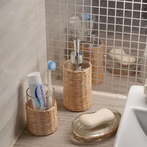Close-up detail of the natural glass rattan bathroom set featuring woven straw design and clean finish.