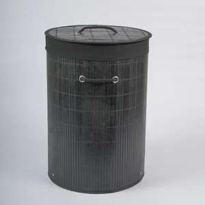 Close-up of the black woven bamboo laundry basket showcasing its sturdy lid and rope handles.