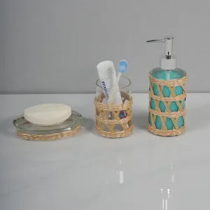 Handmade glass bathroom accessory set with natural straw woven design soap dispenser holder
