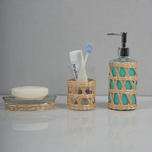 Handwoven rattan glass bathroom set, 3-piece lotion dispenser soap dish toothbrush cup holder