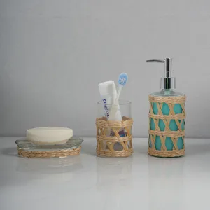 Bathroom glass straw woven three piece set lotion dispenser soap dish toothbrush holder