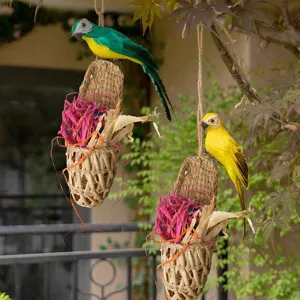 Handmade straw woven parrot bird toy hanging basket natural grass pet chew toy decor