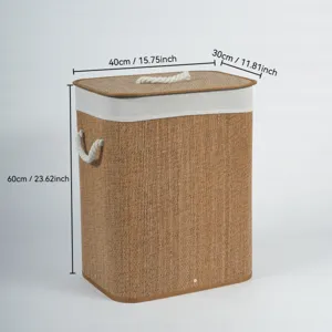Detail view of bamboo laundry hamper with lid and rope handles, natural woven storage basket detail.