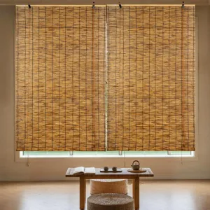 Natural bamboo roller blind detail scene showing vintage woven reed shade for home window decor.