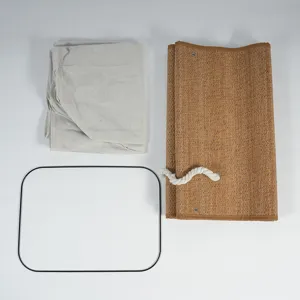 Detailed view of foldable bamboo laundry basket components, including woven body and frame.