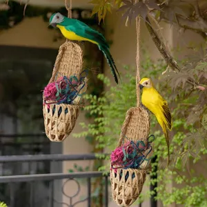 Handmade straw woven shoe hanging decoration with colorful artificial parrot for home garden decor