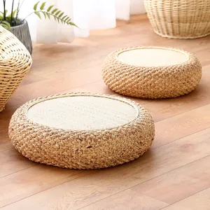 Detailed view of natural straw braided tatami cushion, perfect for tea room and living room.