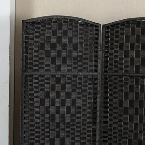 Vista dettagliata del divisorio intrecciato nero, paravento in stile cinese retrò per casa.