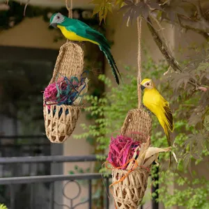 Handcrafted straw woven parrot hanging ornament, natural cattail grass detail.
