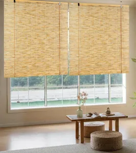 Detail view of natural reed roller blinds installed indoors, offering great sunshade and homestay.