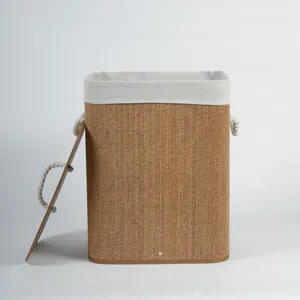 Handmade bamboo woven laundry hamper with lid and fabric lining, collapsible storage basket.