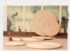 Round straw woven futon cushion natural rattan tatami mat thick bay window yoga meditation mat detail