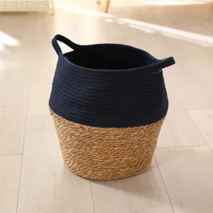 Donkerblauw katoenen touw en geweven stro bloemenmand inklapbare plantenpot hoes voor tuindecoratie