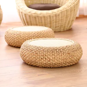 Detailed view of straw woven tatami floor cushion for Japanese meditation and living room use.