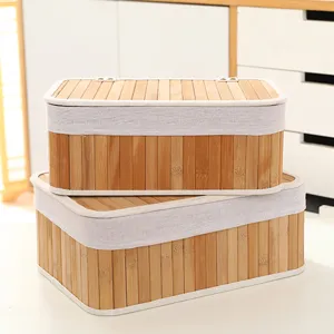 Boite de rangement en bambou faite a la main avec couvercle, organiseur de bureau tissu.