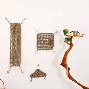 Detail view of natural seagrass woven reptile mat, square and rectangular hanging hammock setup.