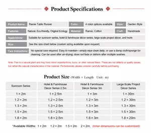 Detailed size chart and parameter specification sheet for handmade natural reed roller curtains.