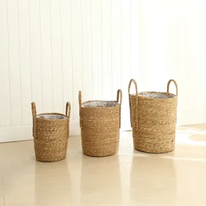Details of Nordic straw woven flower pot set, natural plant fiber storage basket with liner.
