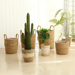 Detailed view of woven straw flower baskets and plant pots in a bright indoor home setting.