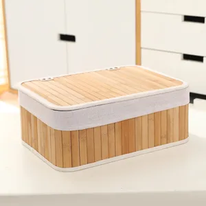 Boîte de rangement en bambou faite à la main avec couvercle, panier organisateur de bureau.