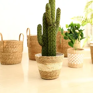 Detailed view of Nordic straw woven flower pot with artificial cactus plant, natural indoor decor style