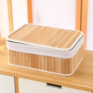 Panier de rangement en bambou fait main avec couvercle pour bureau et organisation.