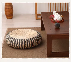 Japanese straw braided meditation cushion, thickened tatami floor pouf for zen room detail.