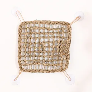 Natural seagrass woven reptile hammock with suction cups for lizards, square pet climbing mat.