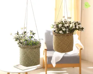 Handmade woven hanging basket for home decor, natural straw storage plant pot holder