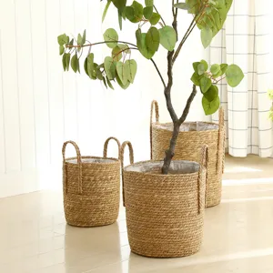 Nordic straw woven flower pot with handles, natural rattan plant basket for home decor.