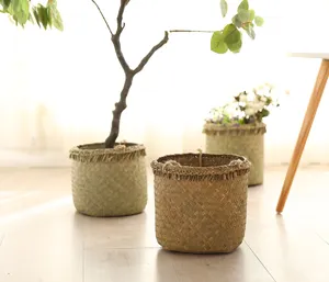Handwoven straw storage basket set rustic natural plant flower pot holder home decor organizer