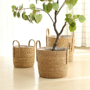 Natural straw woven flower basket with handles and waterproof lining for indoor plant decor.
