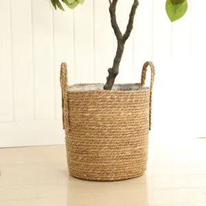 Close-up detail of natural woven straw plant basket with sturdy handles for indoor decor.