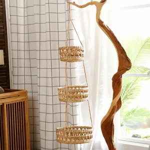 Panier Suspendu Tissé à Main en Paille Naturelle Décoration Murale Style Forêt Support de Pot de Fleurs Intérieur Maison
