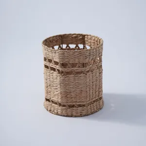 Handmade woven storage basket for desktop, cosmetics and home organization detailed view.
