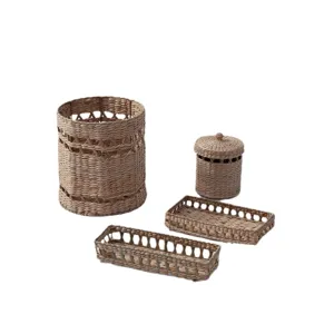 Handwoven straw storage basket set desktop organizer rectangular tray and round container.