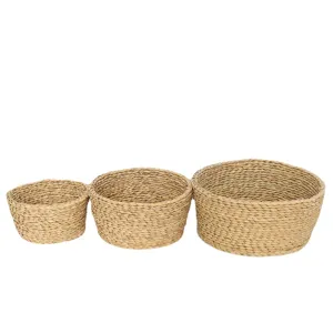 Handcrafted straw woven storage basket set of three round organizers for home fruit and daily use