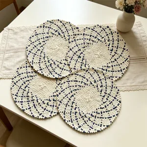 Eco-friendly round woven placemat set, heat-insulating table mat for dining room kitchen decor.