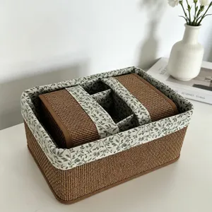 Cesta de almacenamiento tejida con forro de tela de hojas verdes, organizador de escritorio.